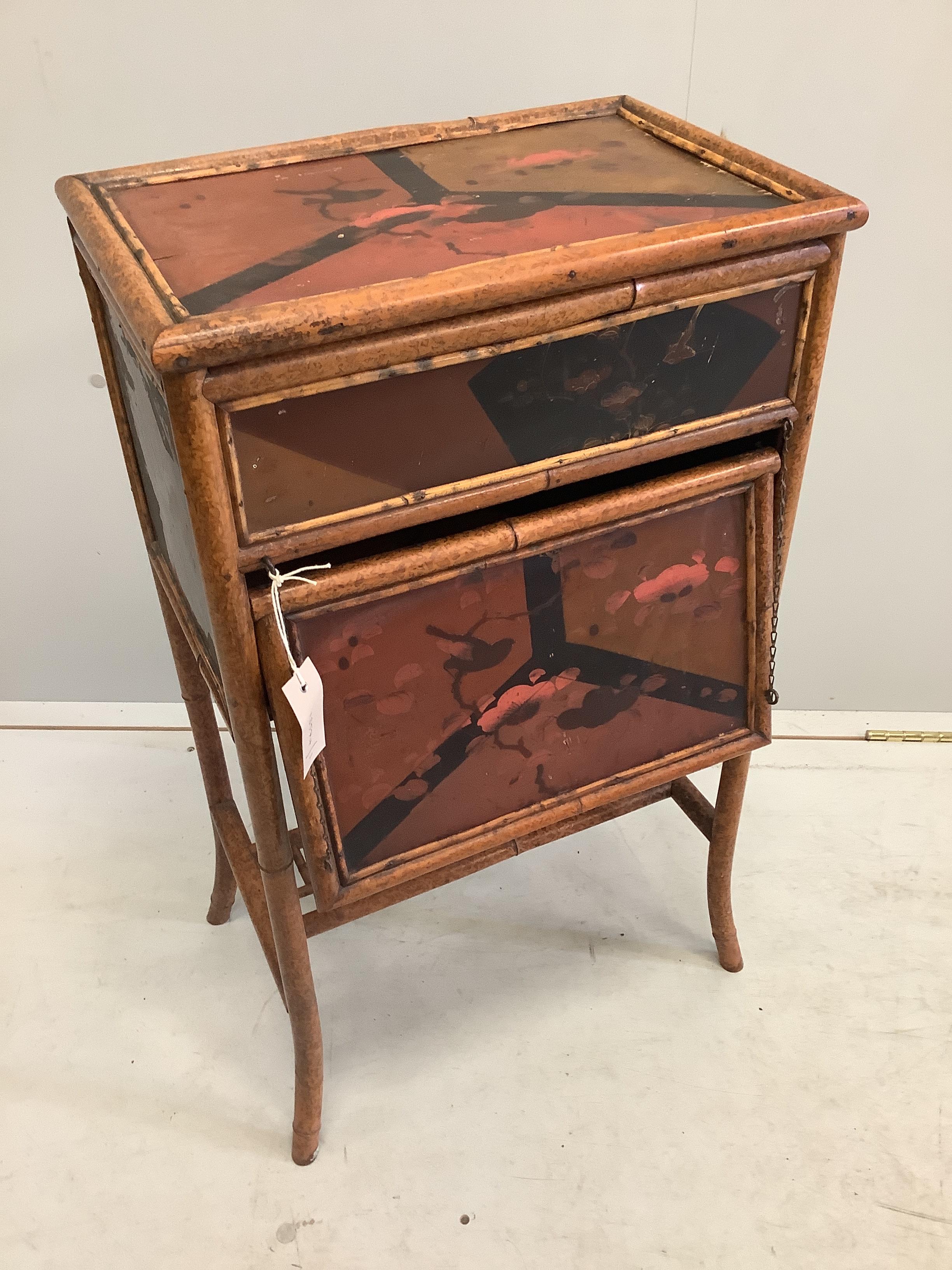 A late Victorian lacquered bamboo work table, width 43cm, depth 28cm, height 76cm